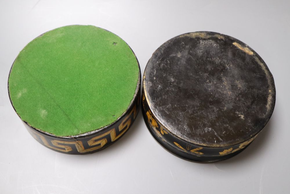 Two Regency papier mache wine coasters, with gilded detail, 13cm